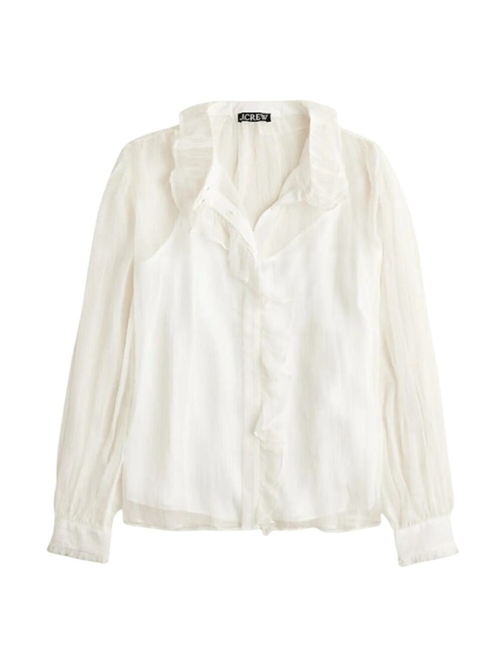 J.Crew Ruffle Button-Up Shirt WMNS Sz 12 White Crinkle Chiffon Sheer Long Sleeve - Picture 1 of 8